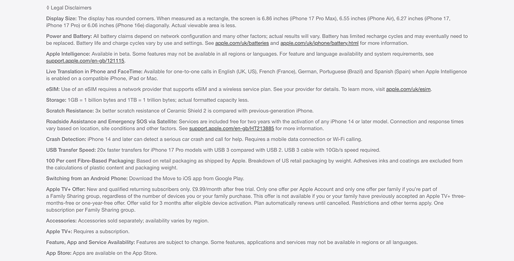 iPhone 17 Pro PDP river small print